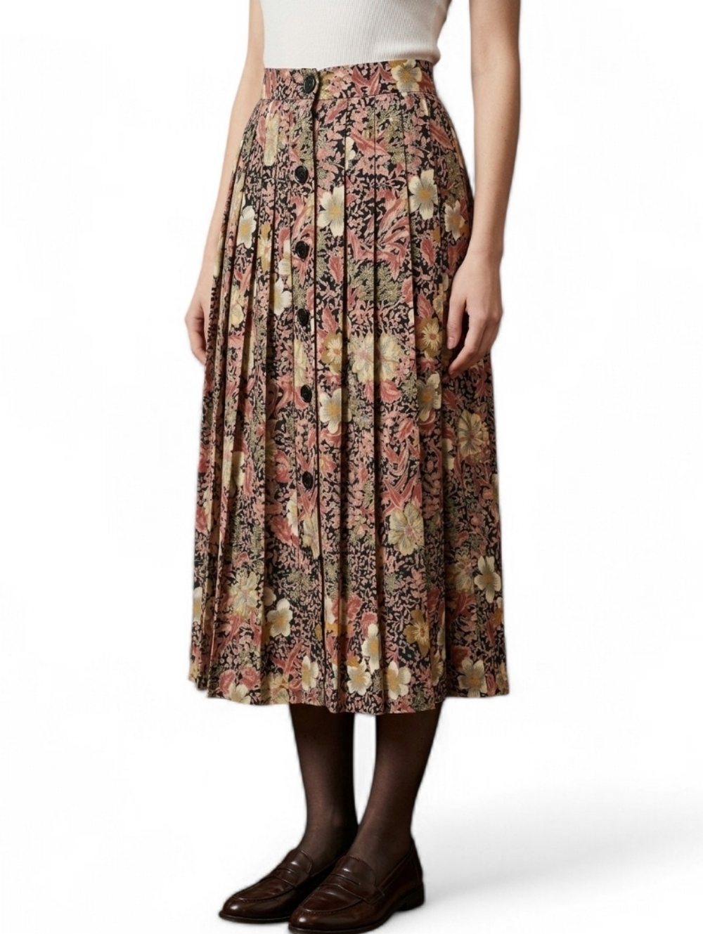 Vintage Floral Button-Down Midi Skirt Dark Academia Pleated A-Line